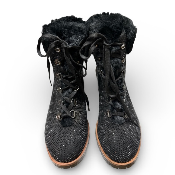 Nanette Lepore Shoes - Nanette Lepore Black Beaded Faux Fur Ankle Boots Lace Up Chunky Heel Size 8M